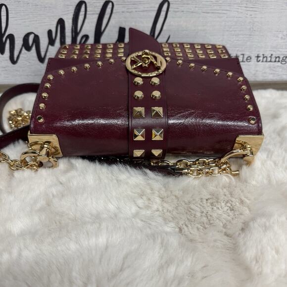 MICHAEL KORS Greenwich Studded Leather Shoulder Bag Burgundy Dark Berry - Picture 7 of 13